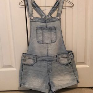 Washed denim overall shorts